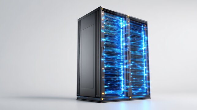 Modern server rack illuminated with blue lights showcases a robust network infrastructure
