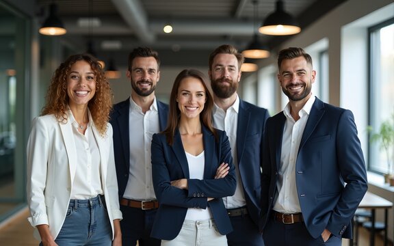 Diverse business team stands together in modern office. Professionals look directly at camera. Positive and confident expressions. Formal attire. Teamwork and collaboration. Modern business setting.