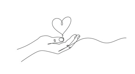 Minimalist single line drawing of a hand gently holding a heart symbolizing love care and support