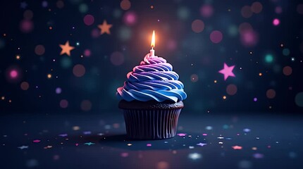 A birthday cupcake floating in space surrounded by glowing stars, representing celebration of cosmic life and dreams.
