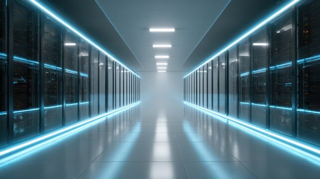 Modern server rack illuminated with blue lines in a clean digital environment for network stability
