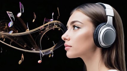 Portrait of young woman wearing headphones, listening to music. Notes and sounds move around her. Advertising banner for headphones, music service or a music school. New album or single