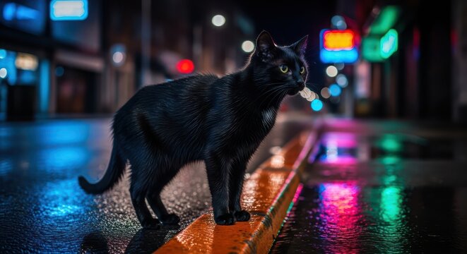 Black cat exploring city streets at night with vibrant neon reflections creating a captivating