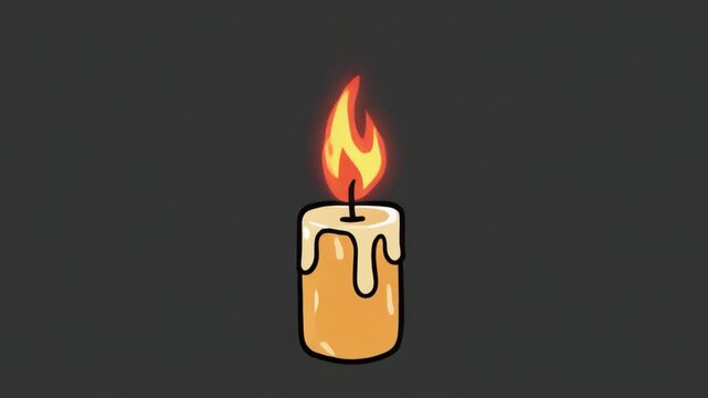 A simple cartoon-style illustration of a burning candle with a bright flame on a dark background.