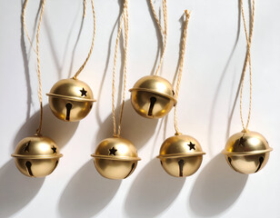 Golden jingle bells hanging by strings with star cutouts, casting subtle shadows on a plain background
