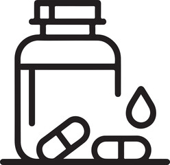 Outline of a pill bottle with capsules and a drop