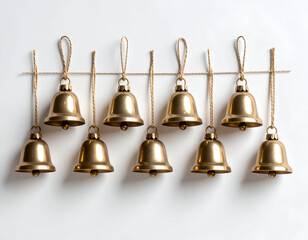Minimalist flat lay of a set of golden bells hanging on twine, a festive holiday decor item isolated on a white background