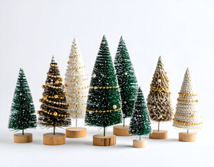 Festive Miniature Christmas Trees A Collection of Decorative Holiday Trees on White Background