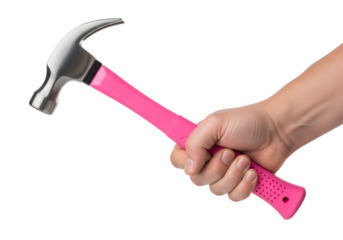Hand holding hammer with pink handle isolated on transparent background