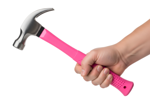 Hand holding hammer with pink handle isolated on transparent background 