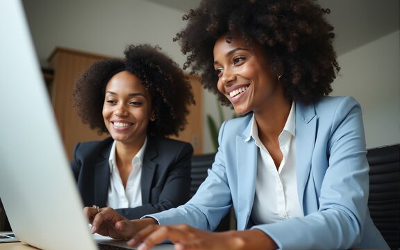 Business team two happy busy diverse young professional executives working together on computer at work. Manager consulting employee using laptop talking on financial project management in office. - Powered by Adobe