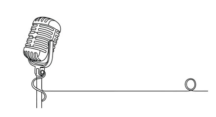 A minimalist single line drawing of a vintage microphone on a stand with a coiled cable extending to the right