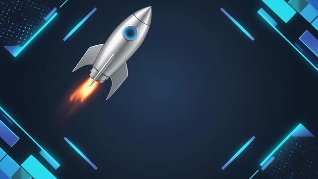 A silver rocket with a blue circle on its side flies upward with flames against a dark background with blue geometric shapes.