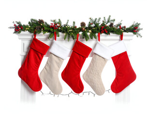 A festive set of decorative red and white plush Christmas stockings hanging below a pine garland with string lights on a mantelpiece isolated on white