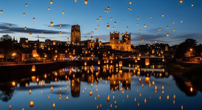 Floating lanterns light up the night sky over a city with reflections on the water - Powered by Adobe