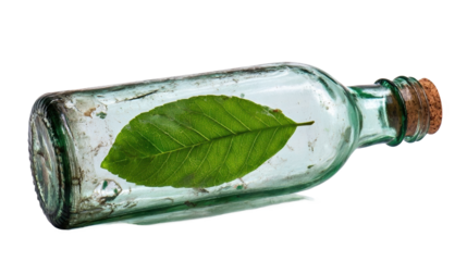 A leaf inside a glass bottle, symbolizing nature.