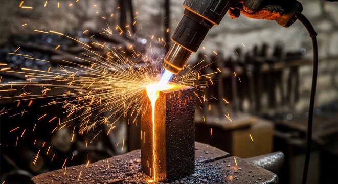 Intense heat forging metal with sparks flying in a blacksmith workshop showcasing craftmanship and