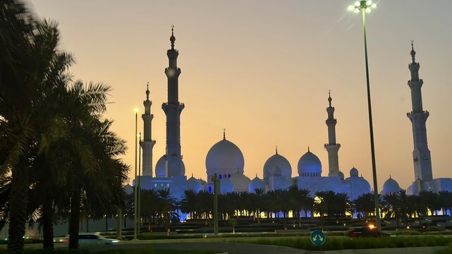 Fototapeta blue mosque at sunset Abu Dhabi Sheik Zayed Mosque   Beautiful islamic architecture   The mosque is located in the capital city of the United Arab Emirates   Tourist attr