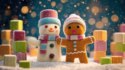 Joyful snowman and gingerbread man create a festive scene with colorful building blocks