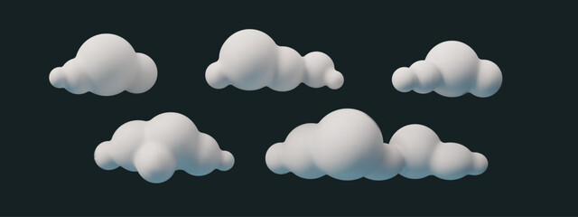 White 3D cloud set in cartoon style. Vector illustration with fluffy, soft and realistic shapes. White cloud appears cute and decorative, perfect for weather, sky, or fantasy design