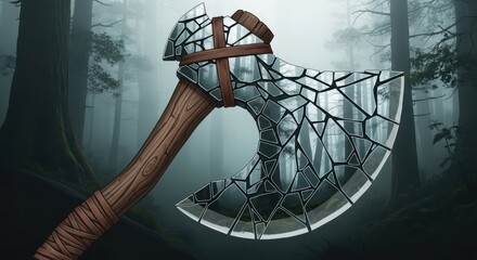 Mystical mirrored battle axe against the backdrop of a misty enchanted forest realm