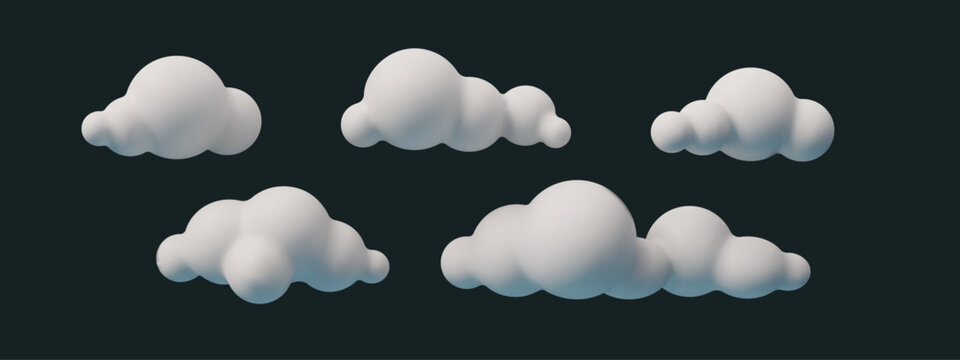 White 3D cloud set in cartoon style. Vector illustration with fluffy, soft and realistic shapes. White cloud appears cute and decorative, perfect for weather, sky, or fantasy design