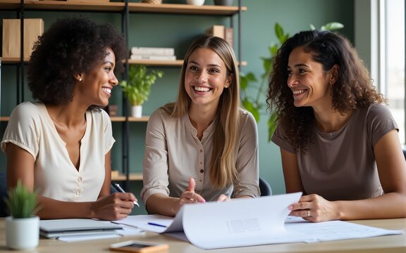 Multicultural females only talking and planning business strategy and growth together in a meeting at the office. A happy marketing team of women collaborating on a project and working on a proposal