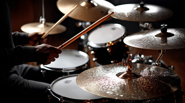 A drummer sitting at a drum set holding drumsticks above the snare drum, surrounded by shiny cymbals and toms. The image captures the moment before playing.