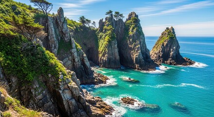 Rugged coastal cliffs meet vibrant turquoise ocean waters under a clear blue sky