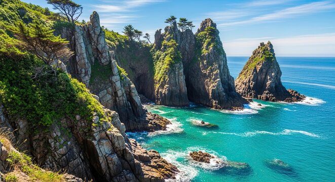 Rugged coastal cliffs meet vibrant turquoise ocean waters under a clear blue sky