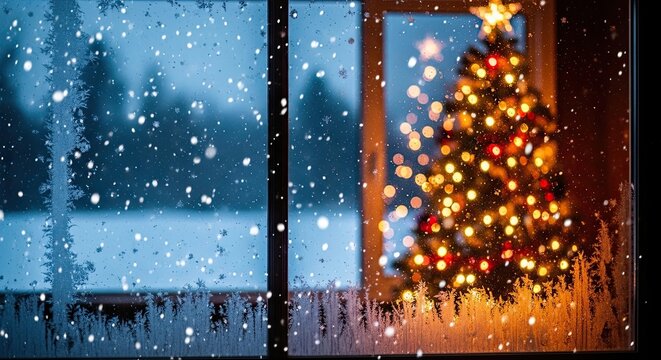 Cozy Christmas Tree Lights Through a Snowy Window