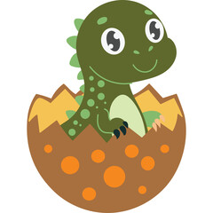 Adorable Green Dinosaur Hatching From A Brown Egg With Orange Spots Emerging Into The World With A Happy Expression