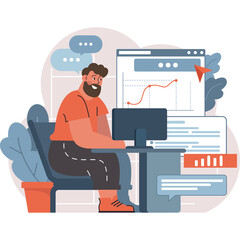 Bearded Man Sitting at Desk Working on Computer Analyzing Growth Chart in a Modern Office Setting with Potted Plants and Blue Speech Bubbles