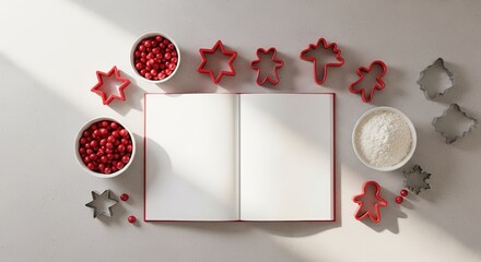 Festive holiday baking scene with an open recipe book, cookie cutters, flour, and red berries.