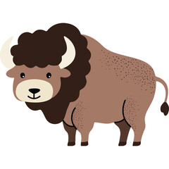 Brown Bison Animal Illustration With Fluffy Mane And Curved Horns Standing On Transparent Background
