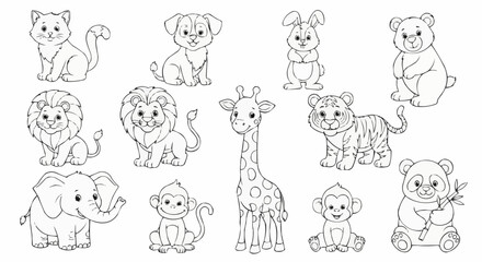 Adorable black and white animal cartoon collection for kids.