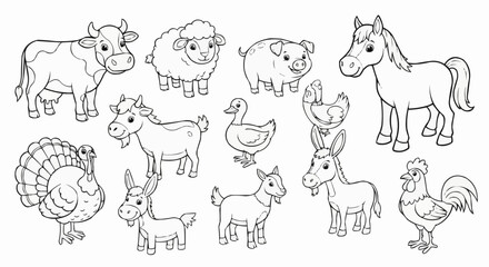 Collection of various farm animals in a simple line art style for coloring books.