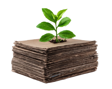 Fresh green plant growing from recycled materials.