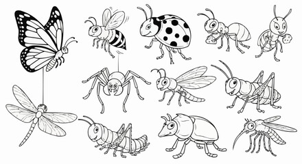 Variety of Insects - Butterfly, Bee, Ladybug, Ant, Spider, Wasp, Grasshopper, Caterpillar, Beetle, Mosquito.