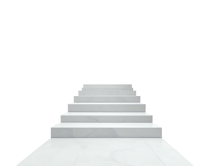 A stark white staircase ascends into a black void, creating a visually striking contrast. Clean lines and minimalist aesthetic