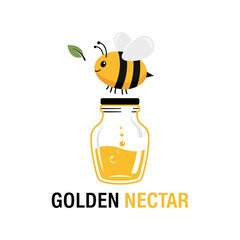 A charming illustration features a cheerful bee hovering above a golden nectar jar, with a single leaf adding a touch of nature and freshness to the scene.