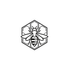 A minimalist vector illustration presents a stylized bee in black and white, centered within a hexagonal honeycomb frame, ideal for logos or branding.