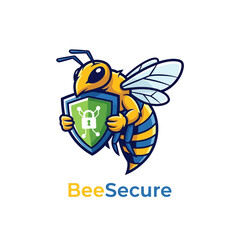 A cartoon bee character proudly holds a shield displaying a padlock symbol, representing security and protection in a playful and approachable manner.