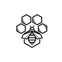 A stylized, minimalist vector illustration of a bee with honeycomb, rendered in black and white, suitable for logos, branding, or design elements.
