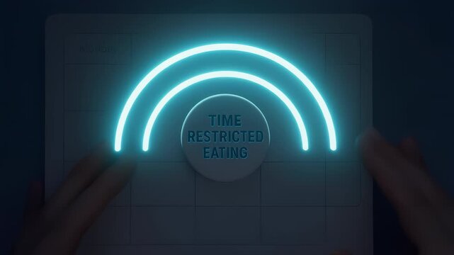 Time restricted eating concept dial planner with glowing arcs conveying intermittent fasting schedule and mindful nutrition motivation. button