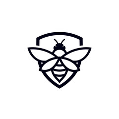 A minimalist vector illustration presents a stylized bee centered within a shield, rendered in a clean, monochromatic design suitable for logos or branding.