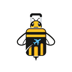 A whimsical logo design features a bee with a suitcase body, wings, and an airplane icon, symbolizing travel and adventure in a vibrant and playful way.