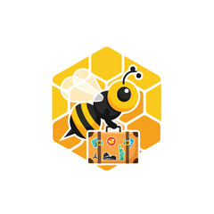 A whimsical illustration features a charming bee character on vacation, complete with a suitcase adorned with travel stickers, set against a honeycomb backdrop.