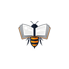 A whimsical vector illustration of a bee with an open book for its wings, symbolizing knowledge, learning, and the industrious nature of information gathering.