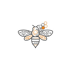 A stylized bee illustration merges nature and technology, featuring circuit board patterns on its wings and a honeycomb element, creating a modern and symbolic design.